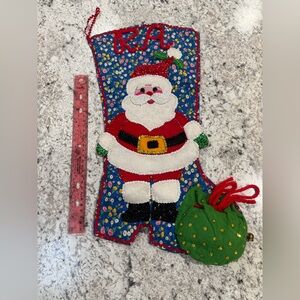 Vintage Handmade Christmas Stocking Sequin Santa Floral 1960s Rickrack